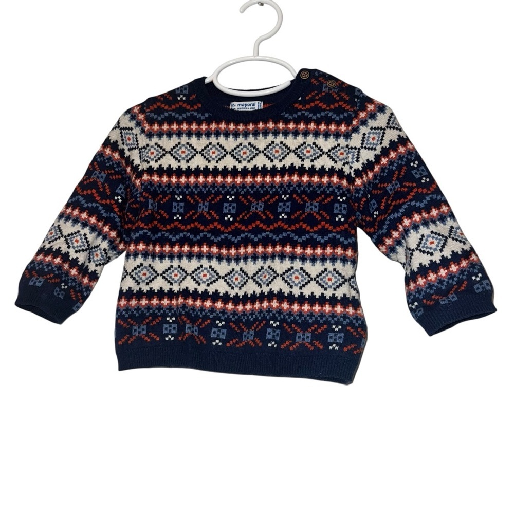 Mayoral boys Navy and Red Knit wool blend Sweater sz 12m wooden button